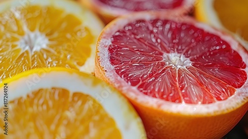   A photo of a halved grapefruit with several grapefruits and oranges surrounding it