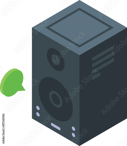 Isometric illustration of a black speaker with a green music note bubble, indicating sound