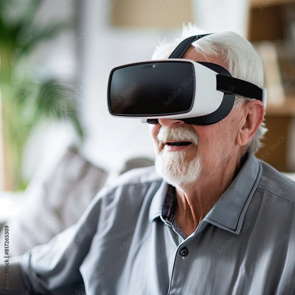 Senior man exploring virtual reality, tech at home. Excited, happy adult with VR headset, enjoying digital innovation. Modern lifestyle with elderly embracing futuristic. Senior man exploring virtual reality, tech at home. Excited, happy adult with VR headset, enjoying digital innovation. Modern lifestyle with elderly embracing futuristic.