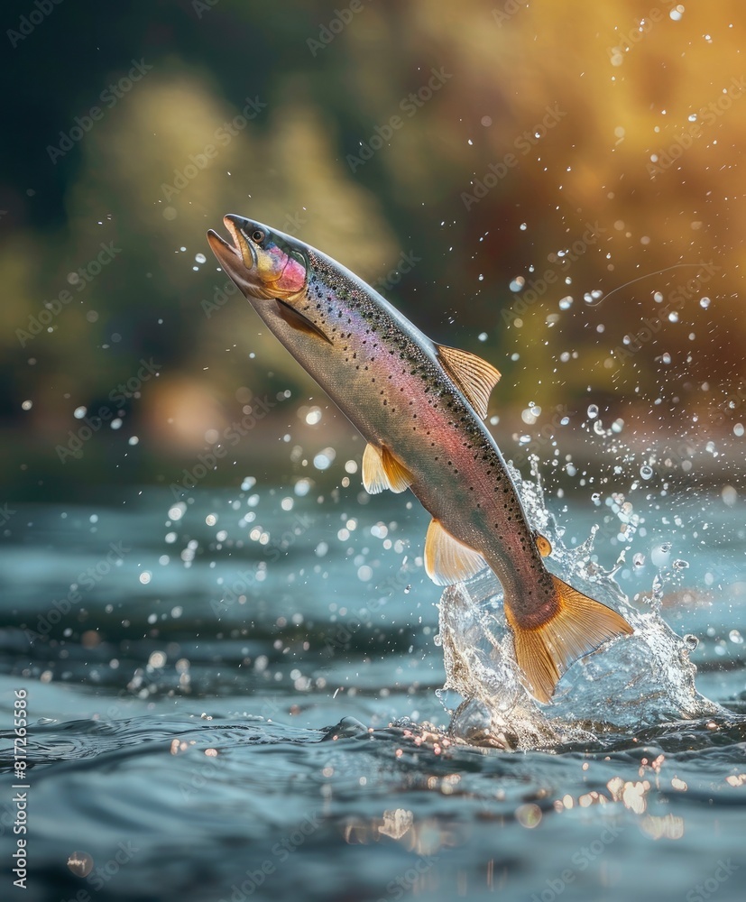 Fototapeta premium Trout jumping out from the water. Fishing concept