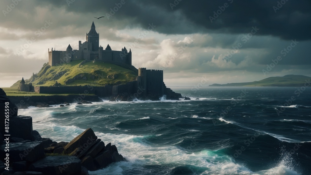 Wallpaper: dark sea, medieval castle in the background