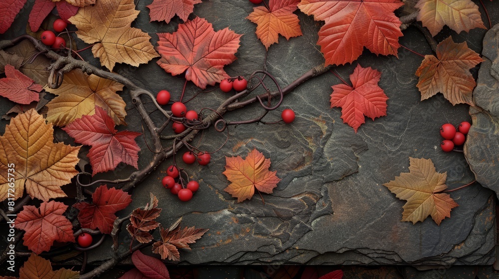  A tight shot of a rock adorned with leaves and berries, featuring red berries nestled beside it