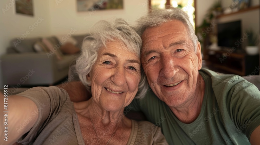 Woman holding smartphone for selfie with man, happy at home, elderly couple with smile and retirement. Bond, commitment, marriage, elderly bliss in phone photo. Woman holding smartphone for selfie with man, happy at home, elderly couple with smile and retirement. Bond, commitment, marriage, elderly bliss in phone photo.
