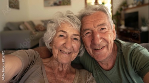 Woman holding smartphone for selfie with man, happy at home, elderly couple with smile and retirement. Bond, commitment, marriage, elderly bliss in phone photo.