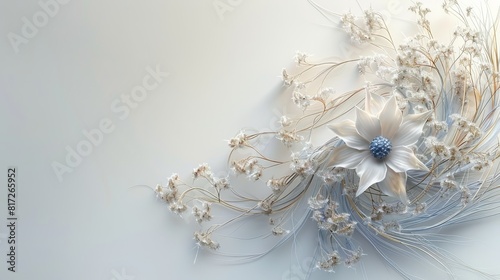  A white flower with a blue center, surrounded by white flowers, and long, thin stems