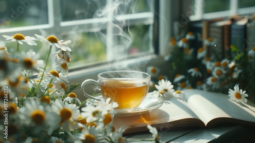 A steaming cup of chamomile tea with a good book lying open on a window seat overlooking a garden in full bloom.