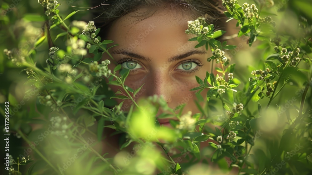 A woman's face, with wide-open eyes, emerges from a dense cluster of leaves and flowers in a tight close-up A woman's face, with wide-open eyes, emerges from a dense cluster of leaves and flowers in a tight close-up