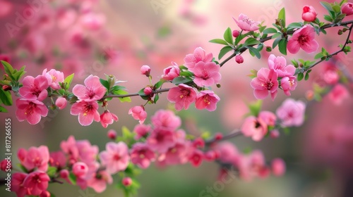  Pink flowers bloom on a tree branch in the blurred  bosque-filled part of the park