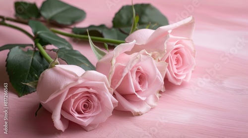  A tight shot of three pink roses against a pink background  one rose is in the front  its petals intimately juxtaposed with green leaves