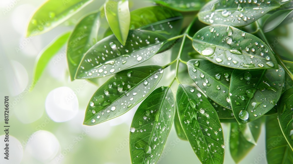 A tight shot of a verdant leaf, speckled with water droplets, against a backdrop of soft, blurred light A tight shot of a verdant leaf, speckled with water droplets, against a backdrop of soft, blurred light