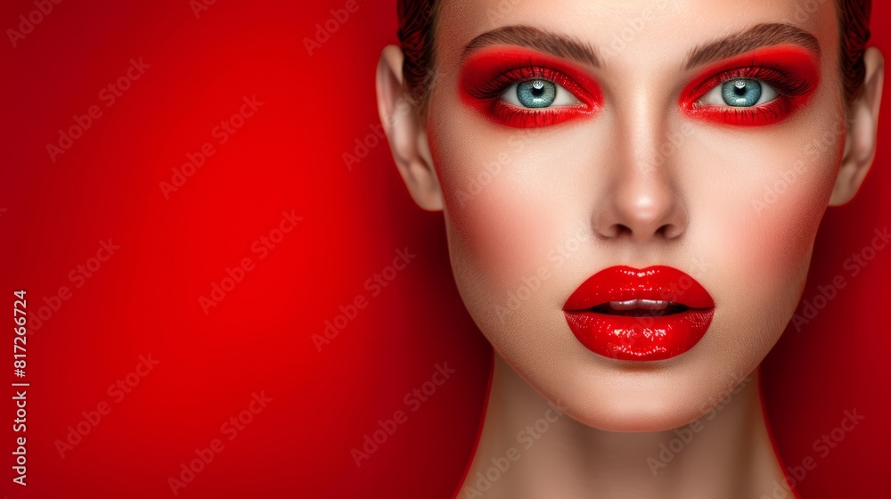 A woman with vivid red makeup on her face and matching eyeshadow, before a bold red wall A woman with vivid red makeup on her face and matching eyeshadow, before a bold red wall