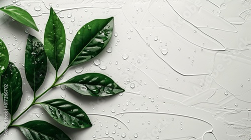  A crisp close-up of a verdant leaf against a pristine white backdrop, adorned with droplets of water