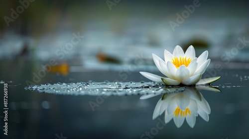  A white bloom with a golden core atop tranquil water, adorned by ripples of droplets