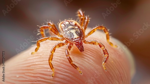 Close up macro shot of forest tick sitting on hand in high quality bright light photography