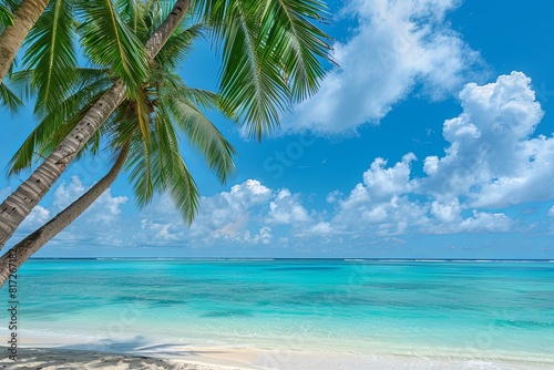 Palm trees line an exquisite tropical beach  with crystal-clear turquoise water gently lapping at the shore. Generative AI