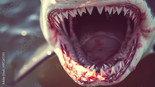  A close-up of a shark's open mouth, widely gaped photo