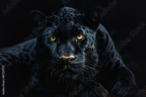 A black panther is running in the dark