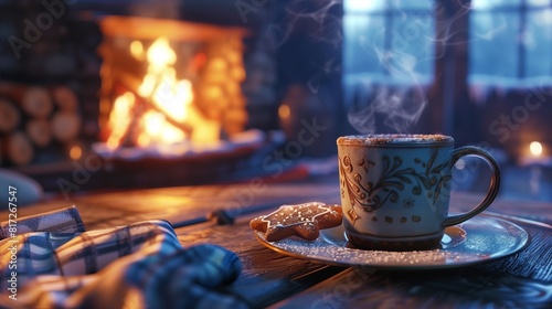 A steaming mug of hot chocolate with a gingerbread cookie on a table next to a crackling fireplace in a cozy cabin.