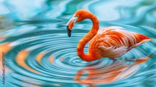  A flamingo stands in the water, head elevated above the surface, mirrored in its tranquil reflection