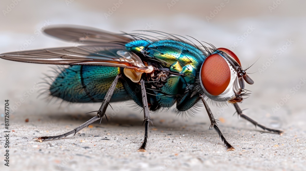 A detailed view of a blue fly featuring a bold red eye contrasting its face, while its body exhibits black coloration on the back legs A detailed view of a blue fly featuring a bold red eye contrasting its face, while its body exhibits black coloration on the back legs