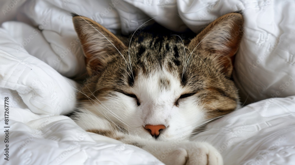  A close-up of a cat lying in a bed with a white comforter over its head