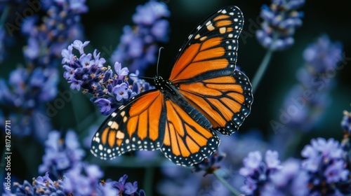  A tight shot of a butterfly perched on a purple-flowered plant, background softly blurred