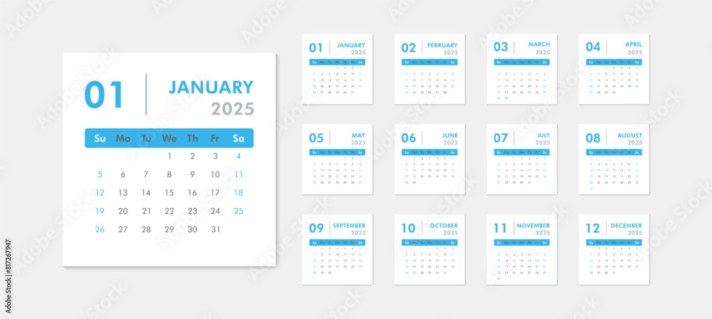 Monthly calendar template for 2025 year. Week starts on Sunday. Desk  or wall calendar in minimal style
