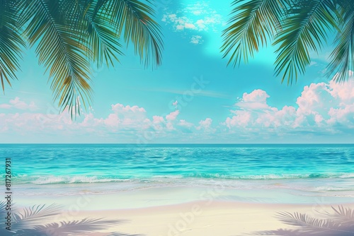 A vibrant painting depicting a tropical beach with swaying palm trees under a clear blue sky  set against the backdrop of turquoise waters. Generative AI