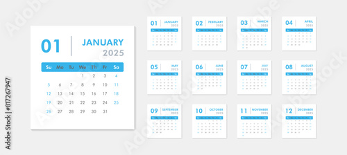 Monthly calendar template for 2025 year. Week starts on Sunday. Desk or wall calendar in minimal style