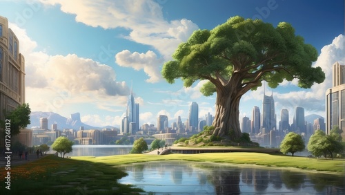 Beautiful wallpaper, game art, beautiful tree in metropolis © Damian Sobczyk