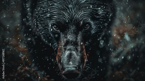  A tight shot of a black bear's visage, covered in snowflakes that land softly on its dense fur, while its piercing eyes remain unaltered photo