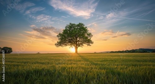 Solitary Sunset  Lone Tree Amidst Wheat Field
