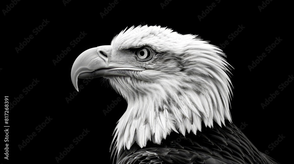 A black-and-white image featuring a bald eagle's head prominently, against a background of another bald eagle's head A black-and-white image featuring a bald eagle's head prominently, against a background of another bald eagle's head