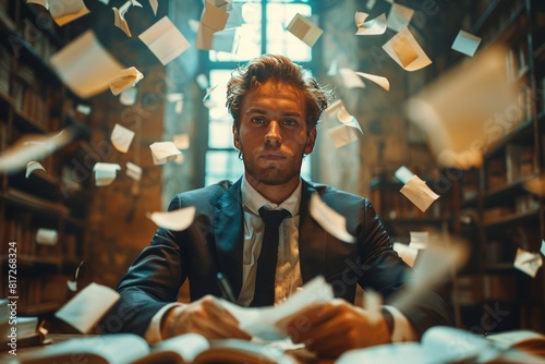 Young man in a suit sitting at a desk with flying papers in a dramatic setting photo