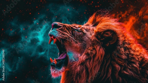  A lion with open mouth amidst red, blue, and green smoky backdrop and scattered stars