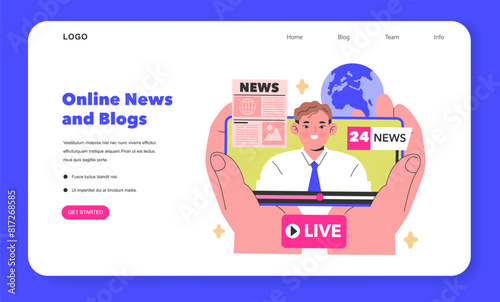 Online News and Blogs concept A digital newsreader presents live updates from around the globe, encapsulating a world connected by information Vector illustration