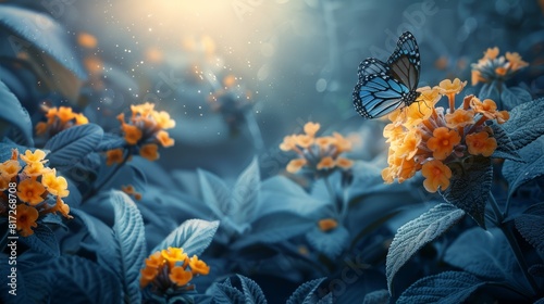  A blue butterfly atop orange blooms in a field of blue foliage, against a backdrop of radiant light