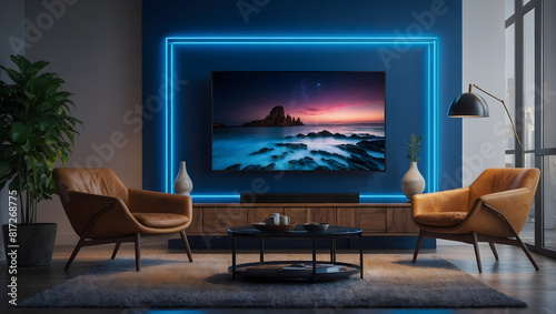 Smart tv in modern living room interior design with blue neon lights  3d render. Generative ai.