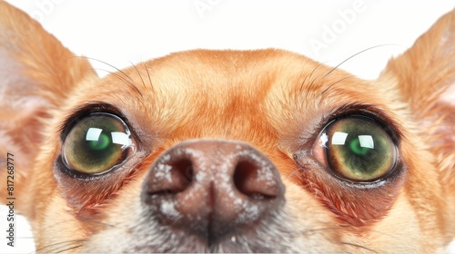  A tight shot of a canine's expressive face, showcasing wide-eyed surprise in its emerald orbs
