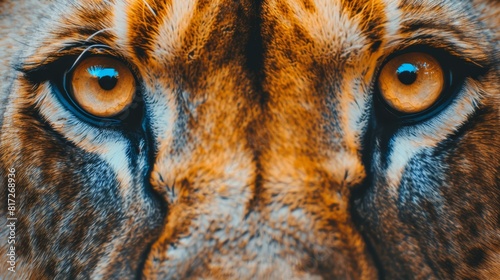  A tight shot of a tiger's face with orange and blue stripes demarcating its distinctive features, notably its eyes photo