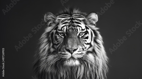  A monochrome image of a tiger's distinctively striped face, boasting long, fluffy whiskers