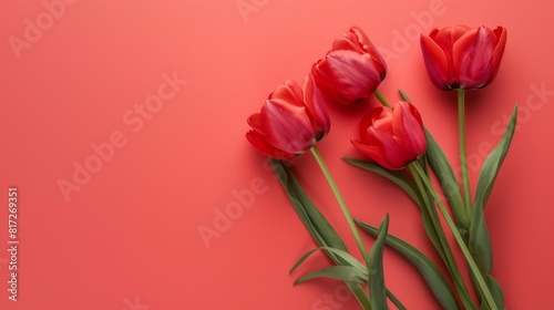 red tulips in a pink red background with copy space 