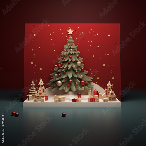 Christmas card template. Happy New year backdrop. Beautiful gift box.