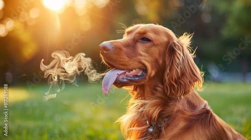  A dog sits in the grass with its tongue out, appearing as if it is panting, while no smoke emanates from its mouth photo