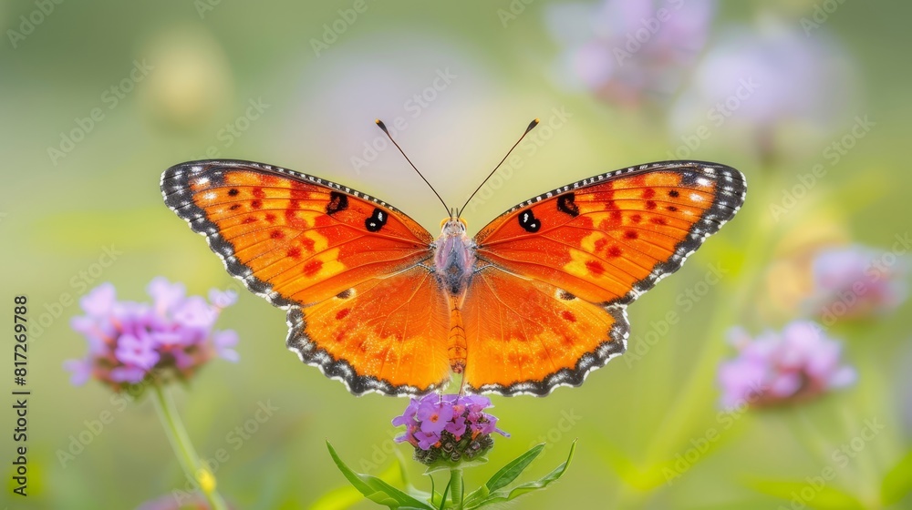 A tight shot of a butterfly atop a plant, sporting purple blooms in the near distance; background softly blurred A tight shot of a butterfly atop a plant, sporting purple blooms in the near distance; background softly blurred