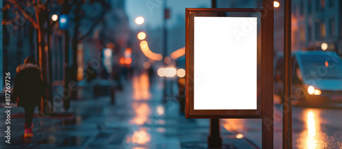 Illuminated blank billboard on rainy city sidewalk