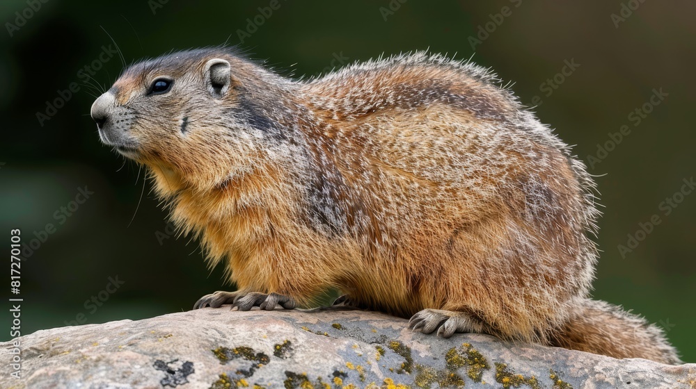A rodent up-close on a rock, moss adorns its sides Background softly blurred A rodent up-close on a rock, moss adorns its sides Background softly blurred