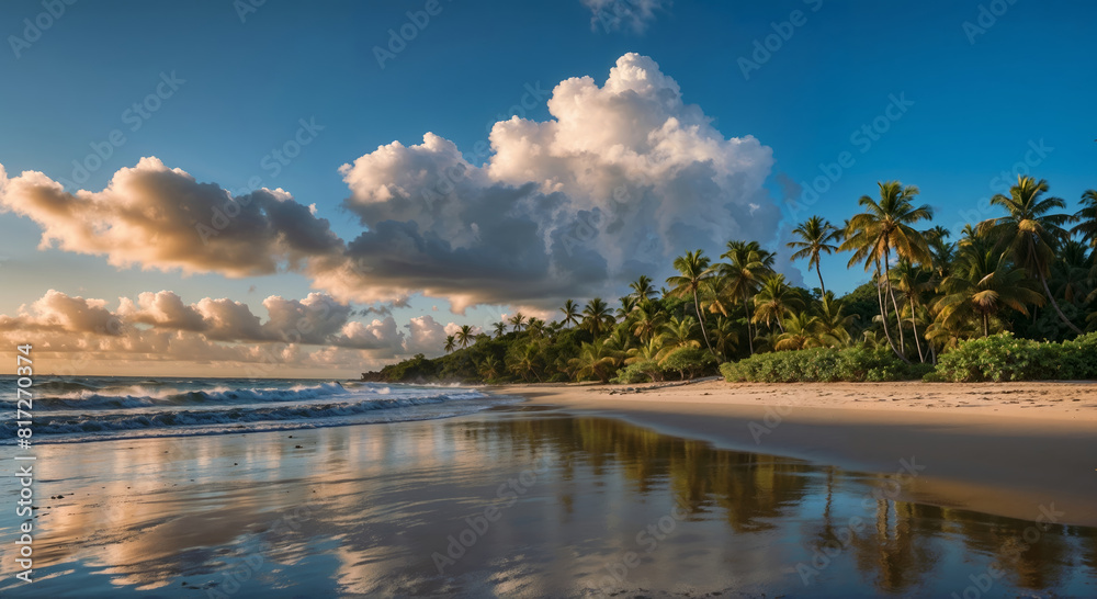 Landscape of tropical beach with beautiful sunset over Pacific Ocean with palm trees, calm waves, enchanting atmosphere, coconuts, colorful sky, photorealistic Landscape of tropical beach with beautiful sunset over Pacific Ocean with palm trees, calm waves, enchanting atmosphere, coconuts, colorful sky, photorealistic