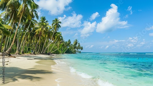 A sandy beach with palm trees swaying in the breeze and crystal clear blue water gently lapping the shore. Generative AI