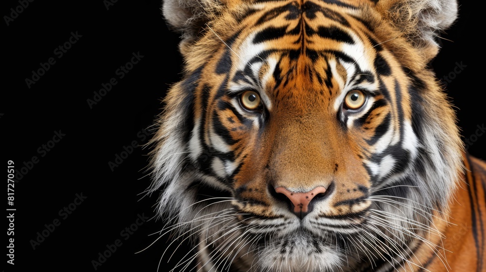 A tight shot of a tiger's intense gaze on black, facing the camera A tight shot of a tiger's intense gaze on black, facing the camera